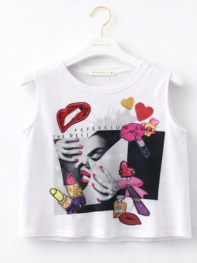 MonnaLisa White Graphic Embellished Tank Top with Pink & Red Accents